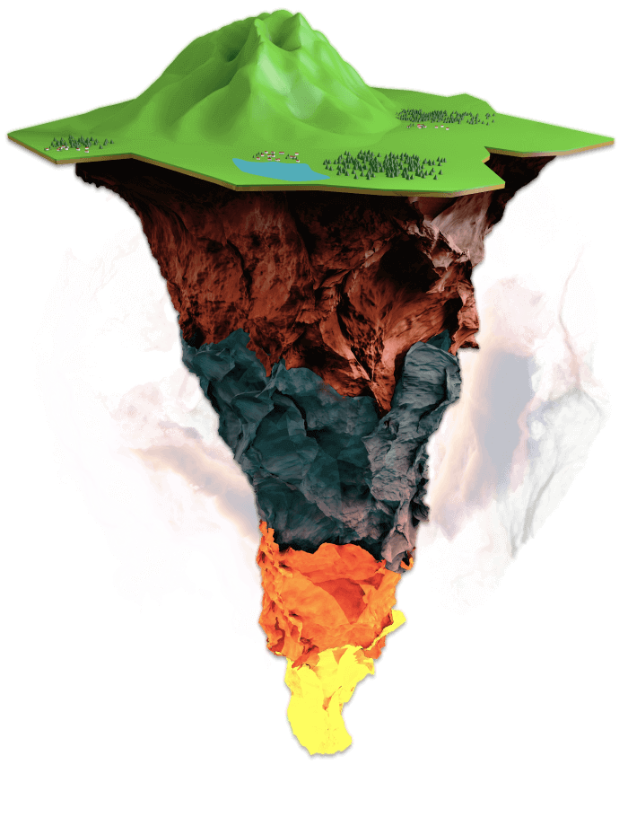 A cut out of the Earth, showing all of the different layers from its surface to its molten core