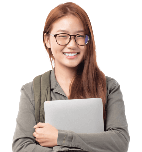 Asian female student smiling while holding onto her laptop