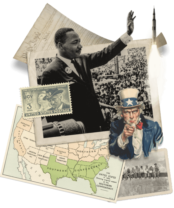 A compilation of images including Martin Luther King waving at the crowd, map of the united states, and a WWII poster inspiring men to join the Army